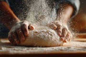 Fototapeta premium Kneading Dough for Artisan Bread Cozy Kitchen Food Preparation Rustic Close-Up Culinary Art