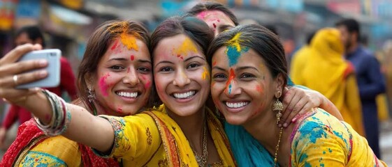 holi festival selfie: three smiling women covered in colorful holi powder take a selfie together. Their vibrant clothing and joyful expressions capture the essence of the festival.