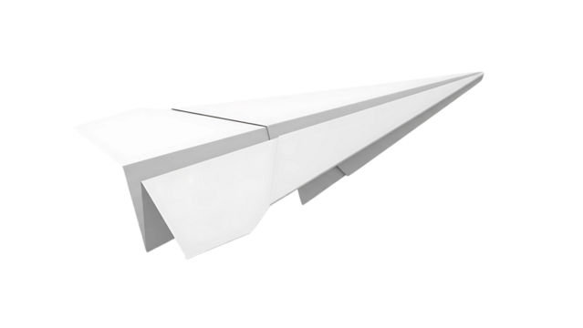 A simple, white paper airplane isolated against a bright white background.