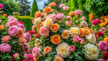 A vibrant profusion of colorful roses in full bloom, showcasing a delightful array of pastel and bold hues, creating a stunning floral tapestry in a lush garden setting.