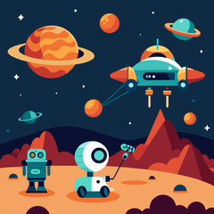 Exploration of outer space vector landscape background.