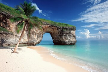 Tranquil beach scene with arching rock formation.