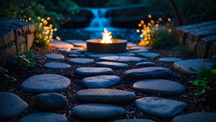 Walking stone path leading to fire pit with waterfall background