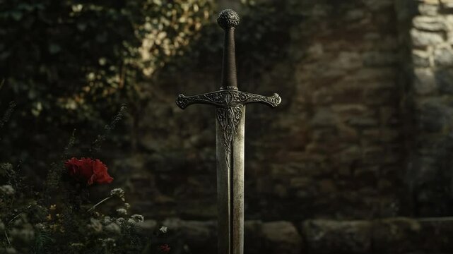 A sword sitting on top of a table next to a flower