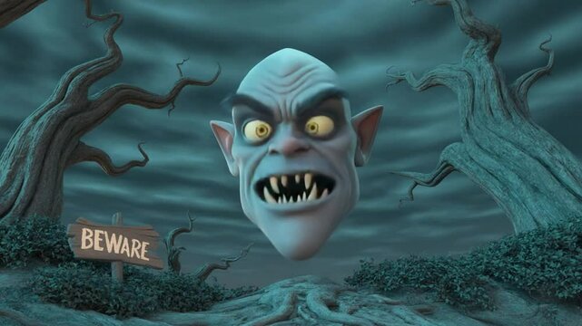 Floating Head with Fangs Cartoon Style with Dark Scary Trees
