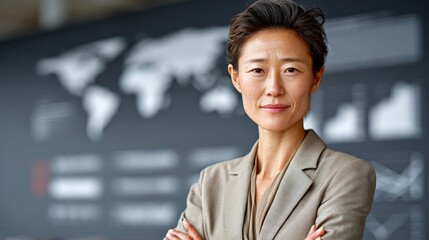Confident Businesswoman: Portrait of a composed and confident Asian businesswoman with arms crossed, standing before a blurred backdrop of a world map and financial charts.  