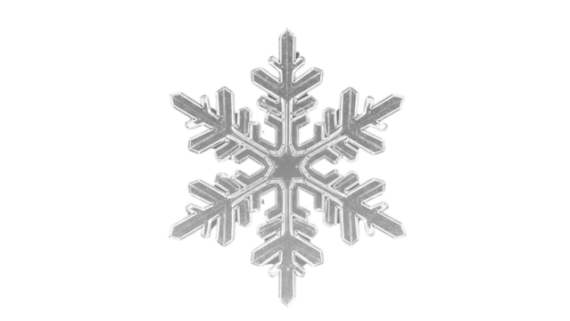 A detailed illustration of a symmetrical, six-pointed, icy snowflake.