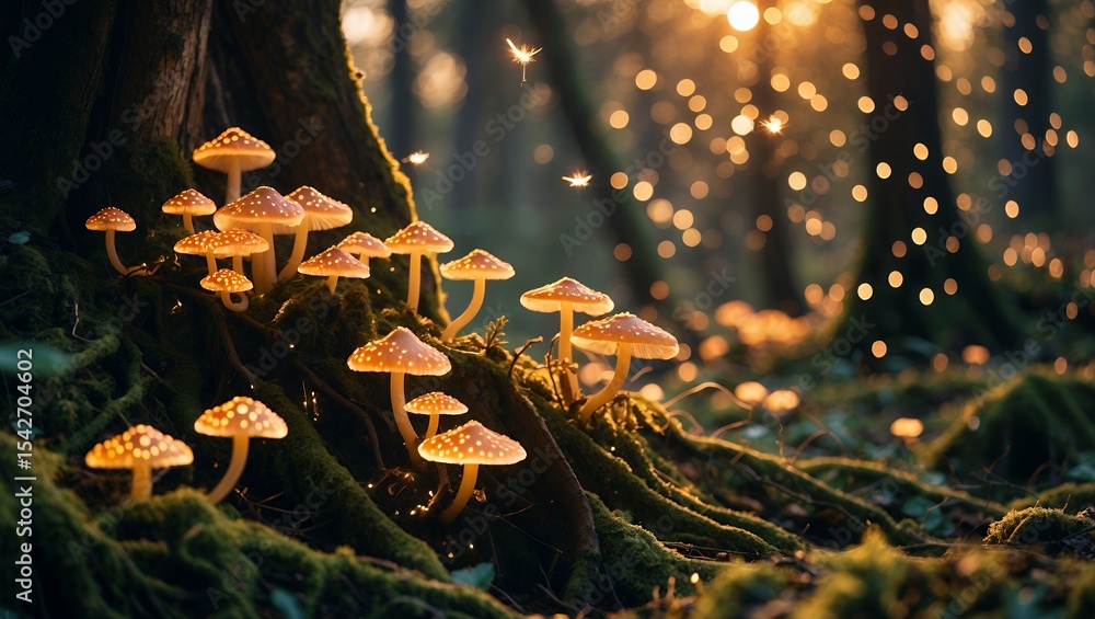 Poster mushrooms growing on tree roots in forest with bokeh light