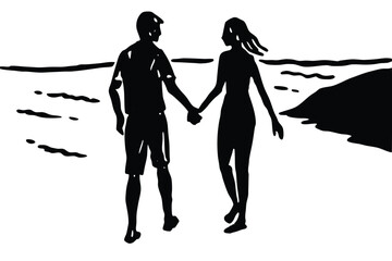 Hand drawn silhouette couple holding hands walking