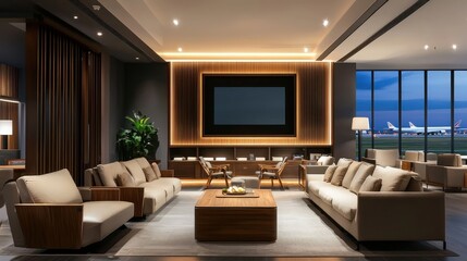 Stylish airport lounge with plush armchairs, a gourmet buffet, and a relaxed atmosphere. Ideal for travelers seeking comfort and convenience.