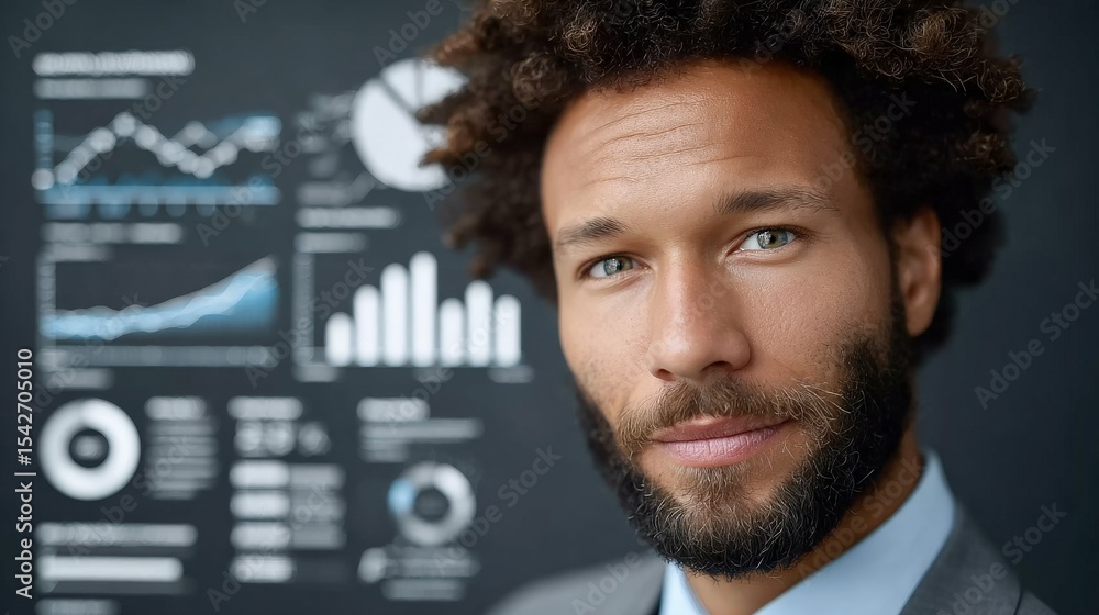 Poster confident analyst and data visualization: a sharp-looking individual with a confident expression, po