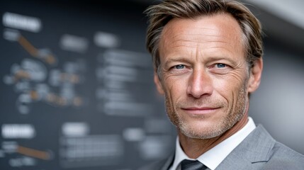 Confident Executive Portrait: A sophisticated, mature executive exudes confidence with a direct gaze, set against a blurred backdrop of charts and graphs, embodying success and business acumen.