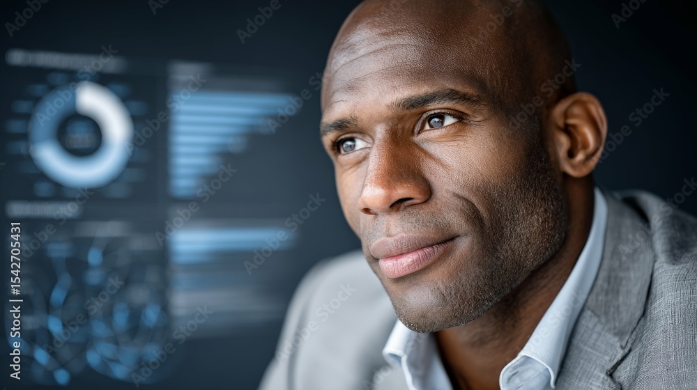 Poster focused insights: a contemplative and confident individual gazes thoughtfully. behind him, an analyt