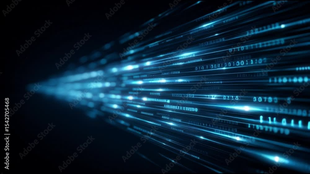 Poster futuristic digital technology background with glowing blue light beams, binary code, and data transf