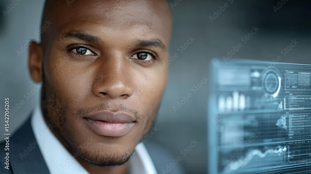 Poster focused analyst: a portrait of a serious and focused businessman, gazing intently at a computer scre
