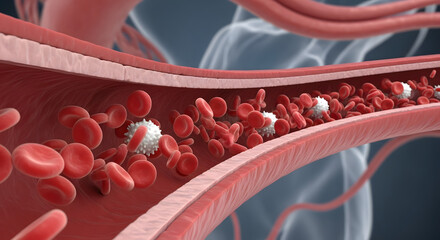 Blood Vessel Illustration Red and White Blood Cells Flowing in Artery, Medical, Human Anatomy.