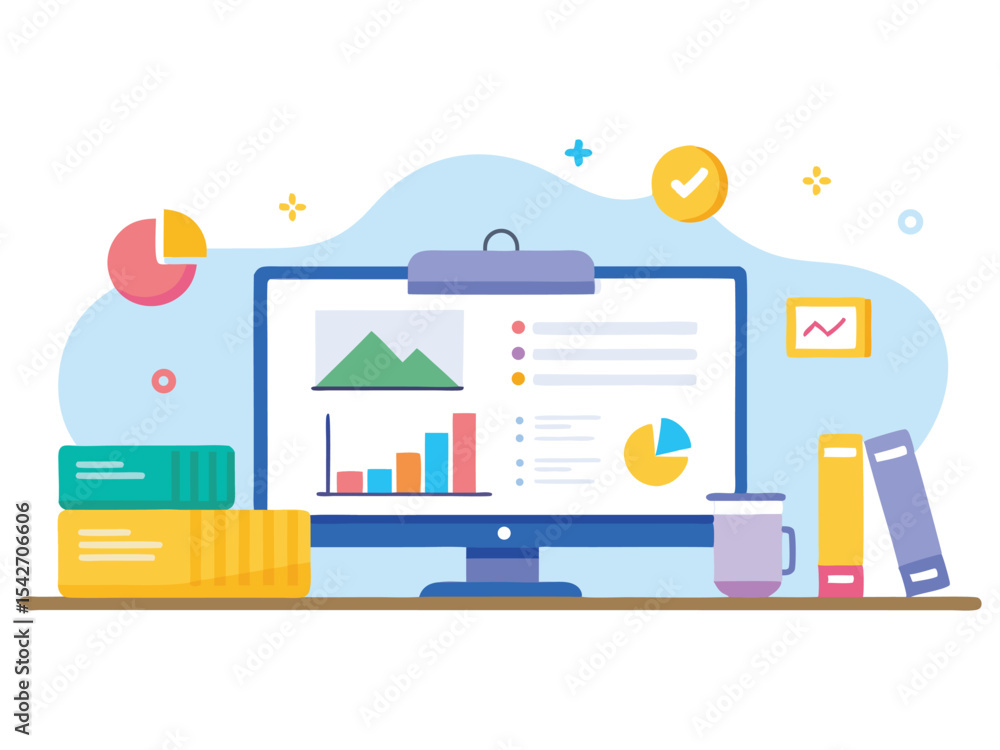 Poster colorful desktop computer showing business charts and graphs isolated on white background
