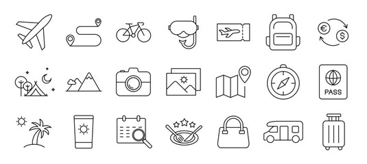 Travel icon set. Holiday related line icons: tourism, Summer vacation, airplane, beach, luggage, camping, Passport Editable stroke. Vector illustration. 