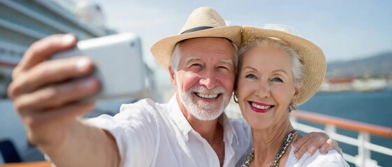 Seaside Selfie: A joyful elderly couple, bathed in sunshine, captures a memory together on a cruise ship, a symbol of adventure and everlasting love.