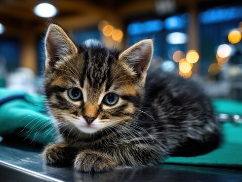A tiny kitten rests on a metal examination table