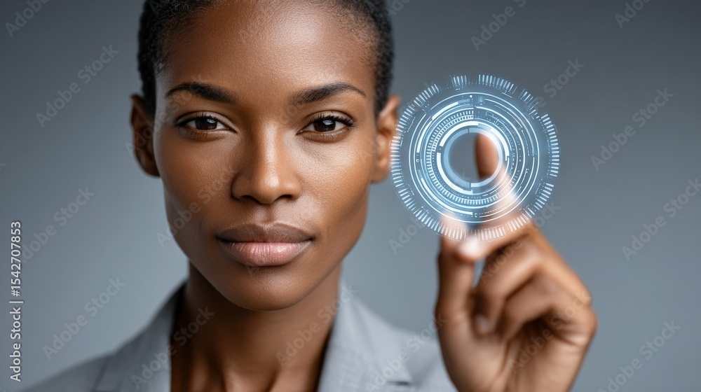 Poster visionary touch: an intelligent woman with a composed expression interacts with an advanced tech int