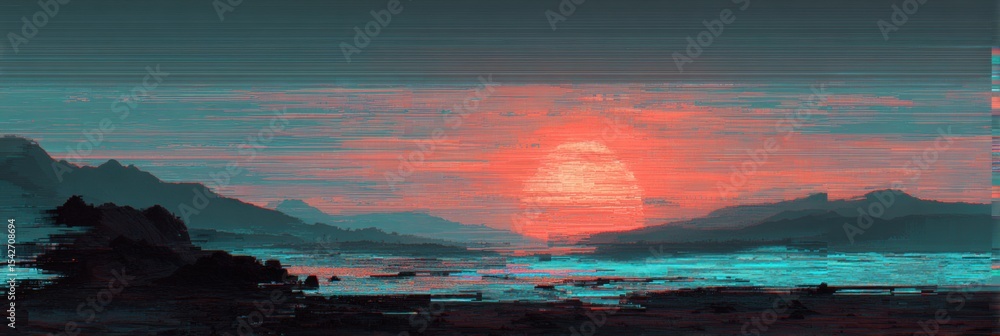 Poster digital decay effect creates an abstract sunset landscape with a glitch-like smear across the canvas