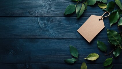 Blank tag on dark wood with leaves