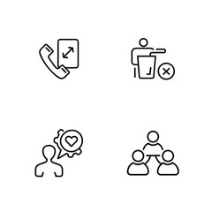 Obraz premium Four Black Line Icons Set on White Background Phone Call Card Sharing Presentation Cancel Teamwork Heart Gear