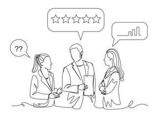 continuous single line art of a group of office workers discussing turnover and planning to increase the graph