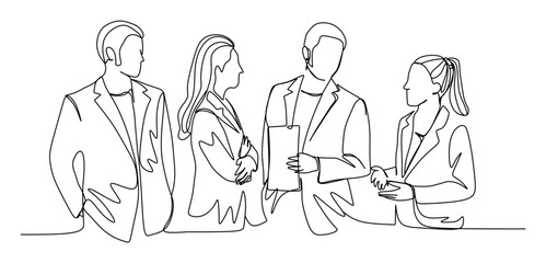 continuous single line art of a group of office workers discussing turnover and planning to increase the graph