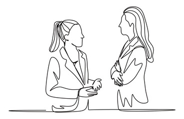 continuous one line art of two office women discussing their work