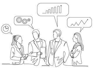 continuous single line art of a group of office workers discussing turnover and planning to increase the graph