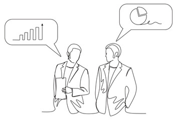 continuous single line art of a group of office workers discussing turnover and planning to increase the graph
