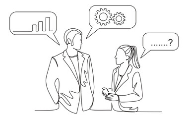 continuous single line art of a group of office workers discussing turnover and planning to increase the graph