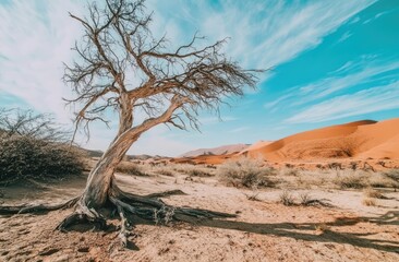 Bare tree in a desert landscape under a vibrant sky