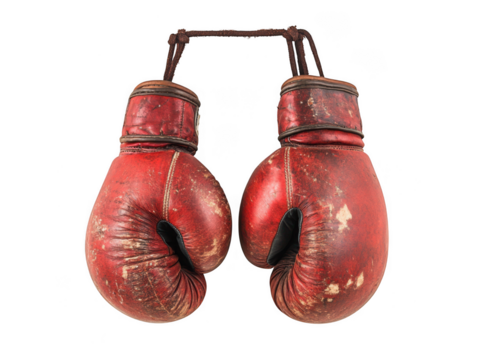 Vintage red leather boxing gloves isolated on transparent background