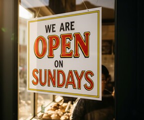 "We are open on Sundays" sign on the entrance door