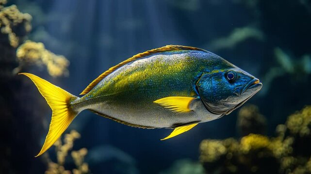 Side-view detailed fish with yellow fins, dark backdrop