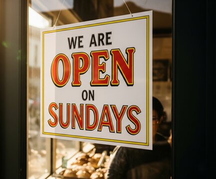 "We are open on Sundays" sign on the entrance door
