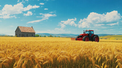 Naklejka premium Agricultural Landscape with Farm Machinery Working in Wheat Field on Sunny Day