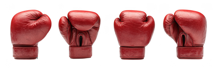 Four red leather boxing gloves isolated on transparent background