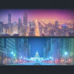 Two cityscapes at night, vibrant colors