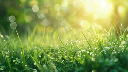 Obraz premium A fresh spring sunny garden background of green grass and blurred foliage bokeh.