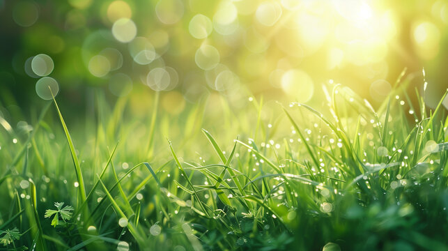 A fresh spring sunny garden background of green grass and blurred foliage bokeh.