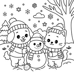 Cute Dog and Cat in snow Coloring Pages.eps