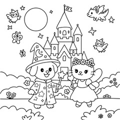 Fototapeta premium Cute Dog and Cat in magic Coloring Pages.eps