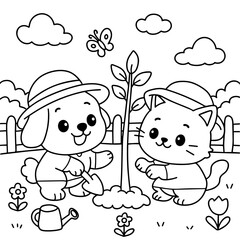 Cute dog and cat planting trees coloring pictures.eps