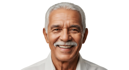 Close up portrait of a smiling older man with gray hair and mustache against a black background