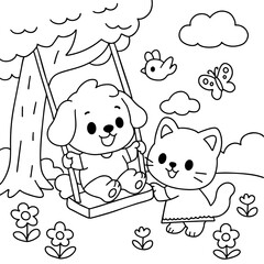 Cute dog and cat playing on a swing, coloring page.eps