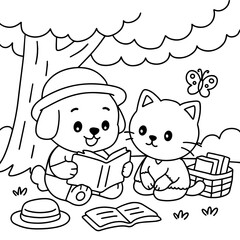 Dog and cat cute Read a book coloring.eps